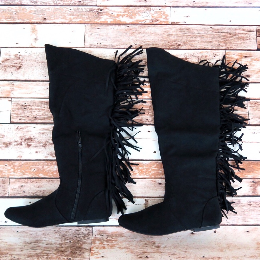 Black fringe high knee boots